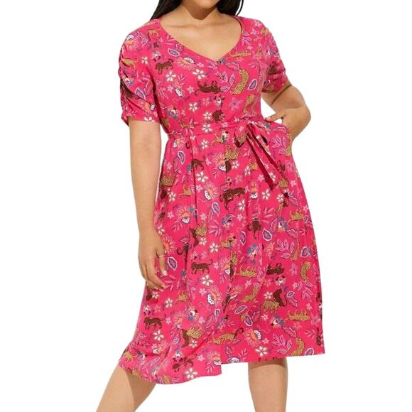 Torrid 3X Midi Rayon Slub Button Front Tie Dress Leopard Pink *flaw - Picture 10 of 10